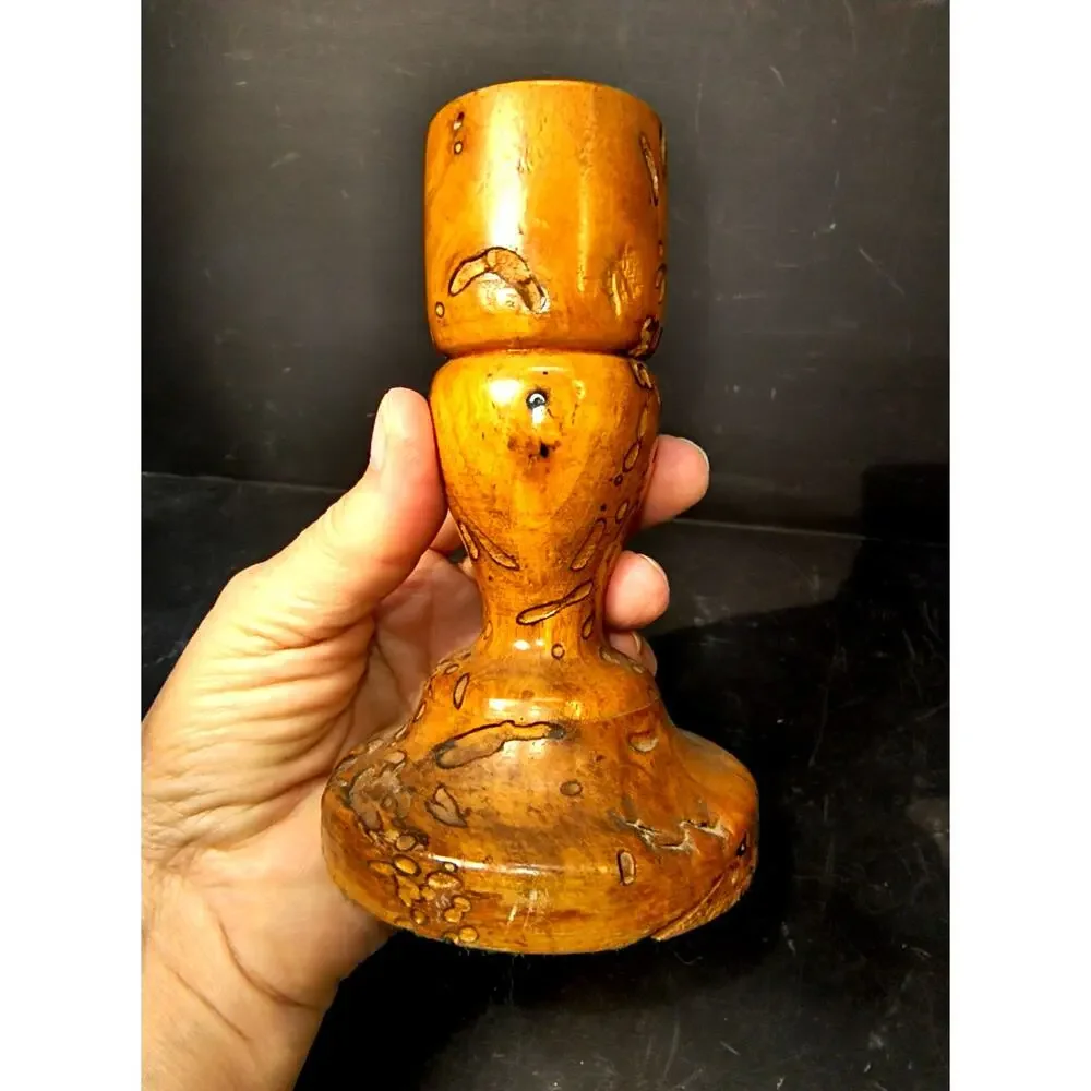 1995.  Burled Hand Turned Natural Wooden Candlestick Holder